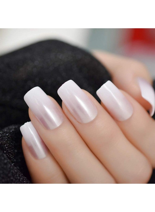 Pearl Shine Glossy Fake Nails Shimmer White Square French Nail Ombre Faux Ongles Gradient Medium Fingernails With Gluetabs