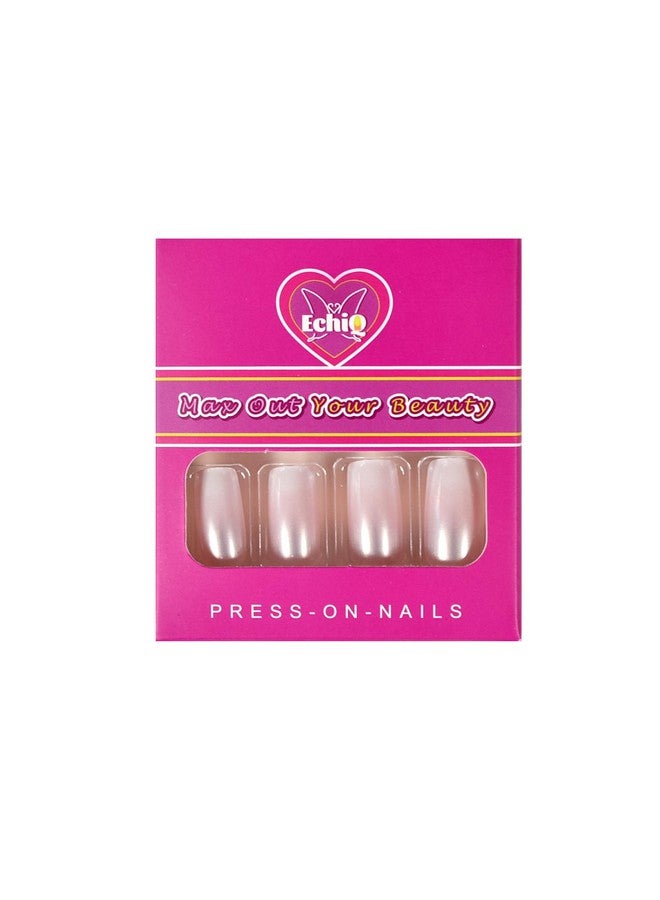 Pearl Shine Glossy Fake Nails Shimmer White Square French Nail Ombre Faux Ongles Gradient Medium Fingernails With Gluetabs
