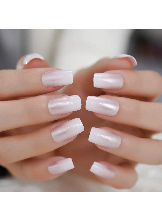 Pearl Shine Glossy Fake Nails Shimmer White Square French Nail Ombre Faux Ongles Gradient Medium Fingernails With Gluetabs