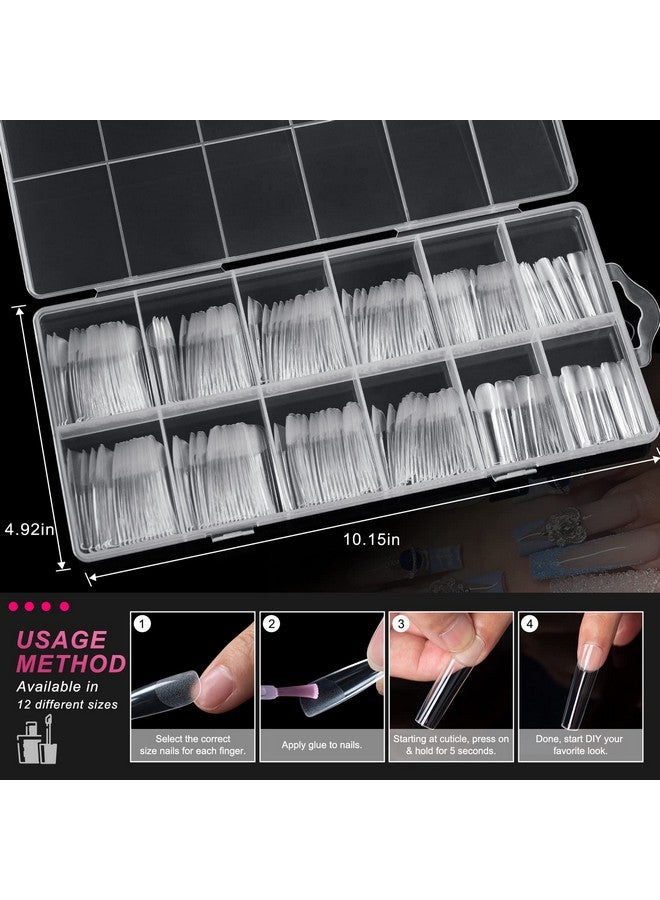 Aoream Long Square Nail Tips 240Pcs Clear Soft Gel False Nails Half Matte Full Cover Press On Nails 12 Sizes Coffin Nail Tips For Acrylic Nails Professional Salon For Home Diy