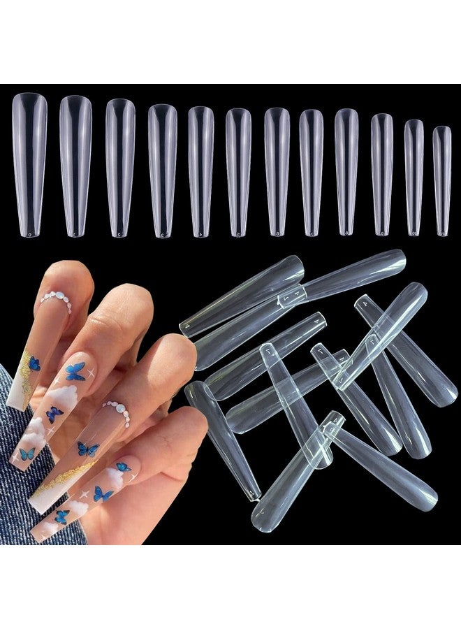 600Pcs 3Xl Clear Nail Tips Coffin Full Cover Ballerina Shape Extra Long Acrylic Fake Nails Professional False Nail Tip For Salons & Home Diy 12 Sizes