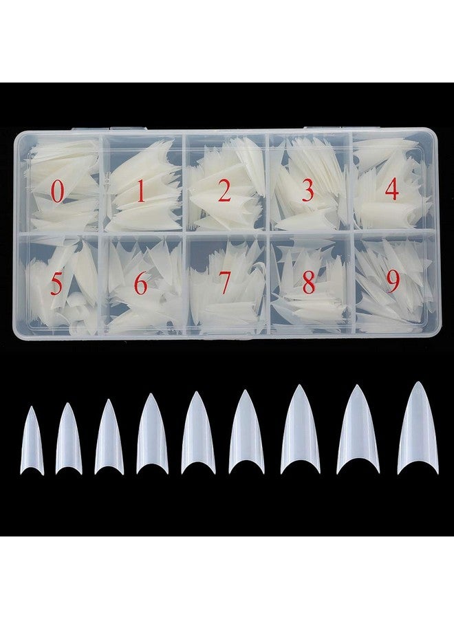 Stiletto Nail Tips 500Pcs Short Sharp Ending False Acrylic Nails Tip Half Cover 10 Sizes With Box For Nail Salons Home Diy (Natural)
