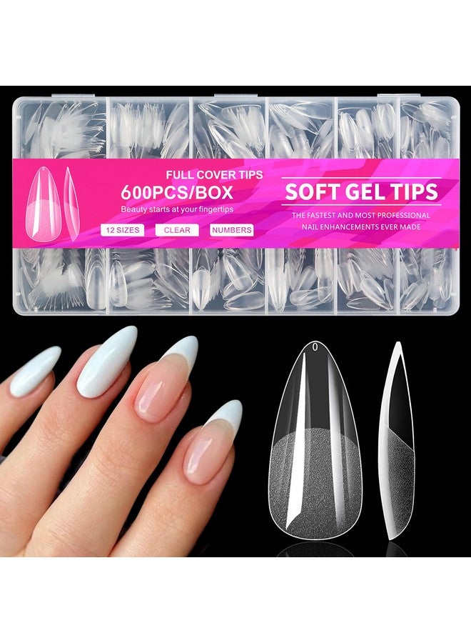 600Pcs Almond Nail Tips Medium Almond Gel X Nail Tips Clear Fake Nails Full Cover Acrylic Nail Tips For Extension Nail Manicure Salon Home Diy