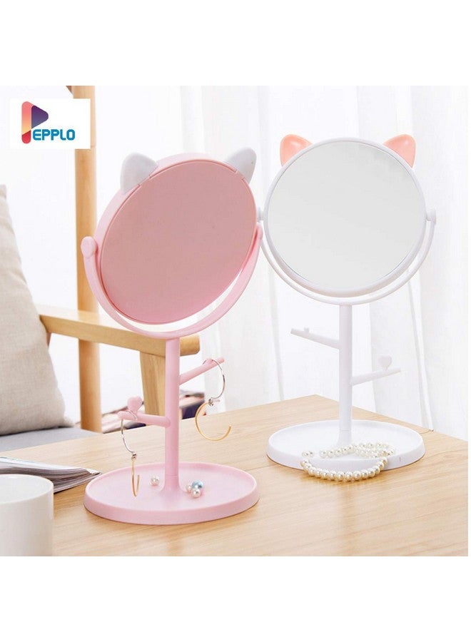 Tabletop Cat Shape Makeup Mirror Shaving Mirror Free Standing Table Vanity Mirror On Stand With Rotation (1Pcs White) Round Framed