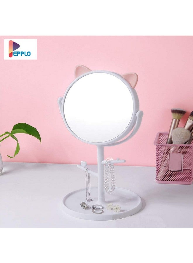 Tabletop Cat Shape Makeup Mirror Shaving Mirror Free Standing Table Vanity Mirror On Stand With Rotation (1Pcs White) Round Framed