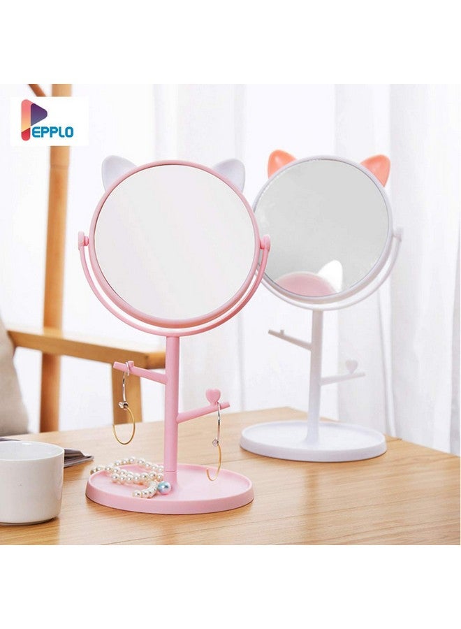 Tabletop Cat Shape Makeup Mirror Shaving Mirror Free Standing Table Vanity Mirror On Stand With Rotation (1Pcs White) Round Framed