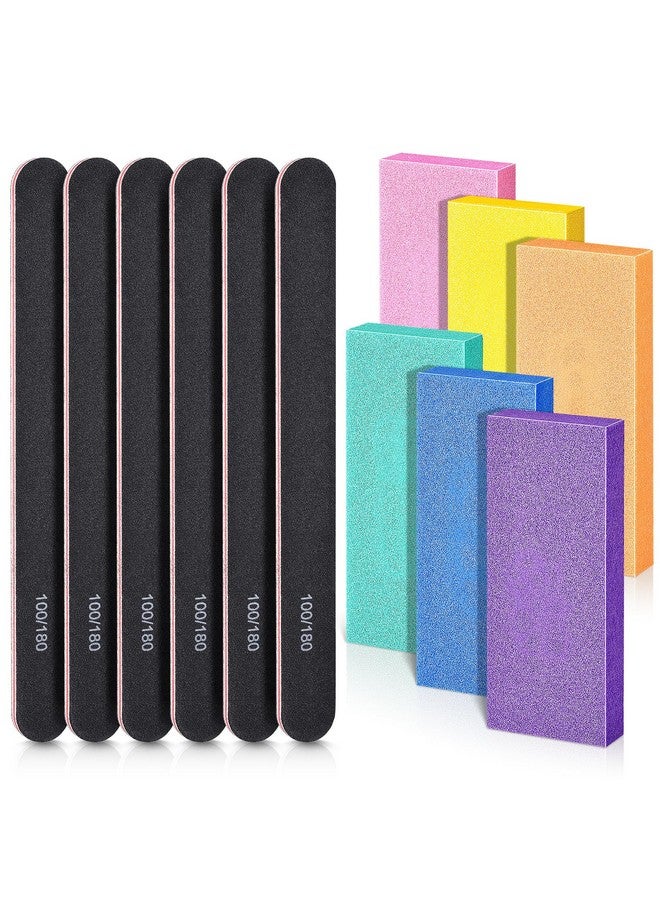 Nail Files And Buffers Set With 6Pcs Rectangular Nail Buffers And 6Pcs Black 100180 Grit Nail Files Professional Nail Care Tools Kit For Women And Girls