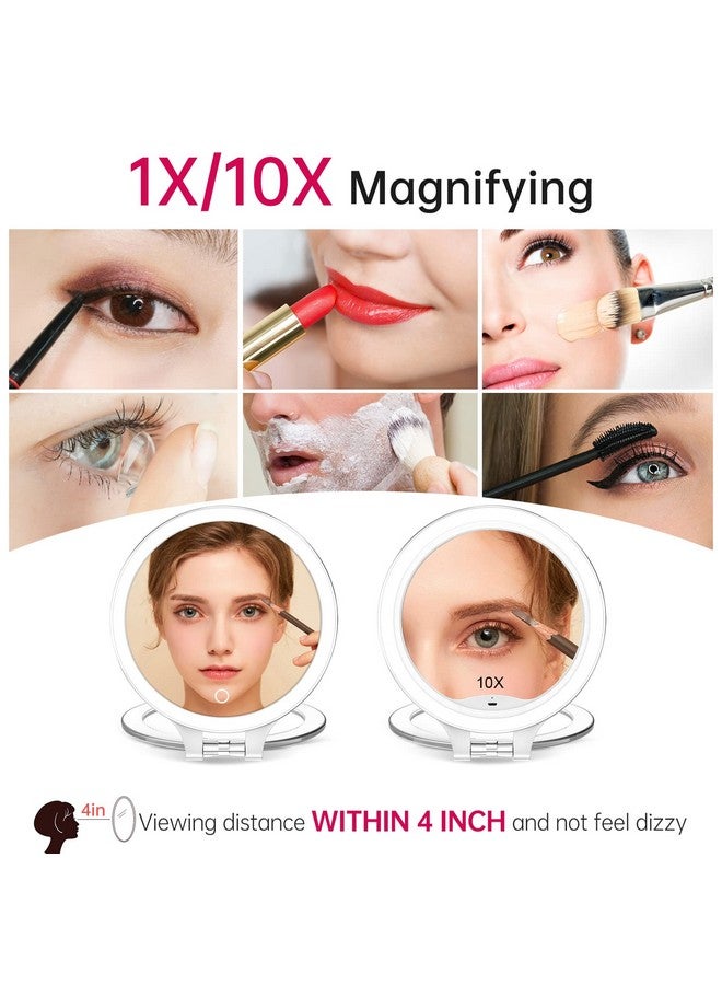 Magnifying Makeup Mirror 10X 1X Double Sided With Bag, Travel Makeup Mirror With 3 Color Lights And Magnification, Lighted Rechargeable Portable Cosmetic Foldable Mirror, Dimmable Adjustable Rotation