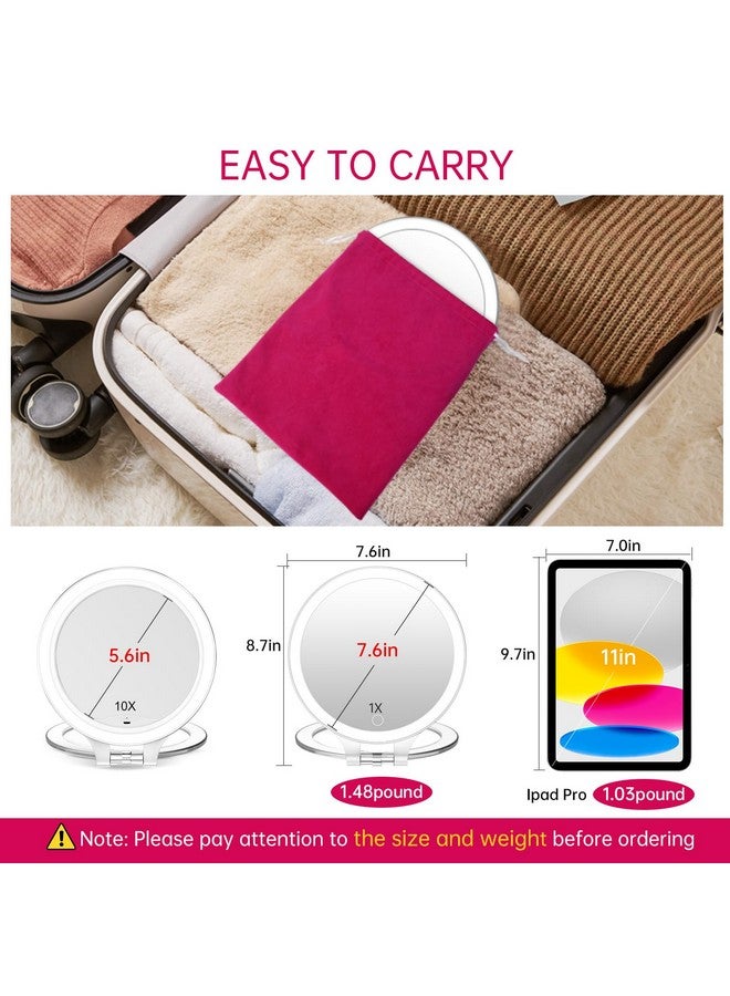 Magnifying Makeup Mirror 10X 1X Double Sided With Bag, Travel Makeup Mirror With 3 Color Lights And Magnification, Lighted Rechargeable Portable Cosmetic Foldable Mirror, Dimmable Adjustable Rotation