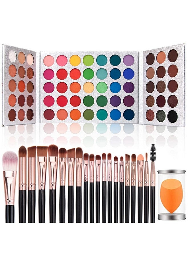 Eyeshadow Palette 65 Colors + 20Pcs Makeup Brushes Set + Sponge Blender Sweatproof Pigmented Matte Shimmer Metallic Blendable Soft Pressed Powder Eye Shadow Makeup Palette
