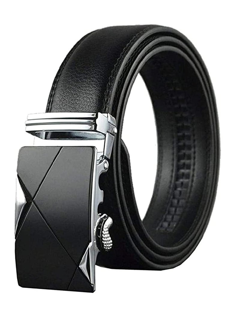 Mens Belt,Genuine Leather Fashion Belt Ratchet Dress Belt with Automatic Buckle, Soft Leather Business Belt Fashion for Casual Dress Jeans Khakis (Silver Buckle, Black)