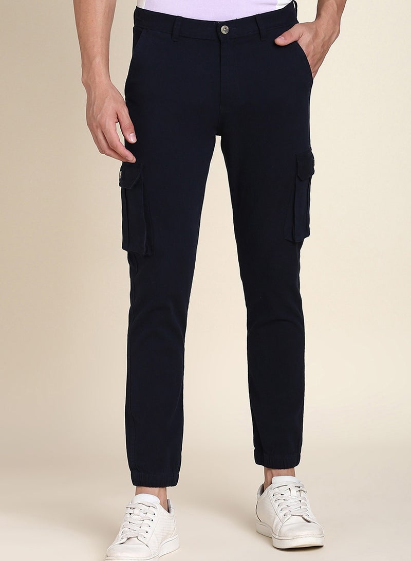 Navy Casual Trousers for Men - Slim Fit, Cotton Lycra