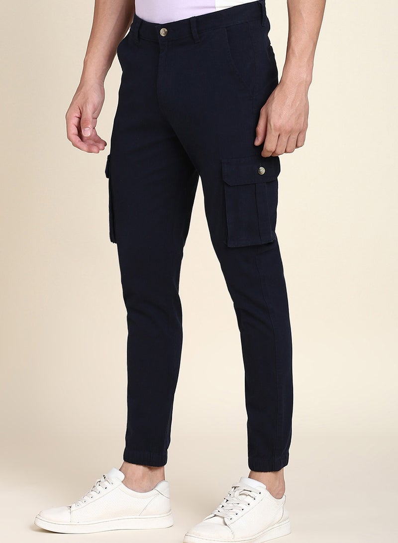 Navy Casual Trousers for Men - Slim Fit, Cotton Lycra