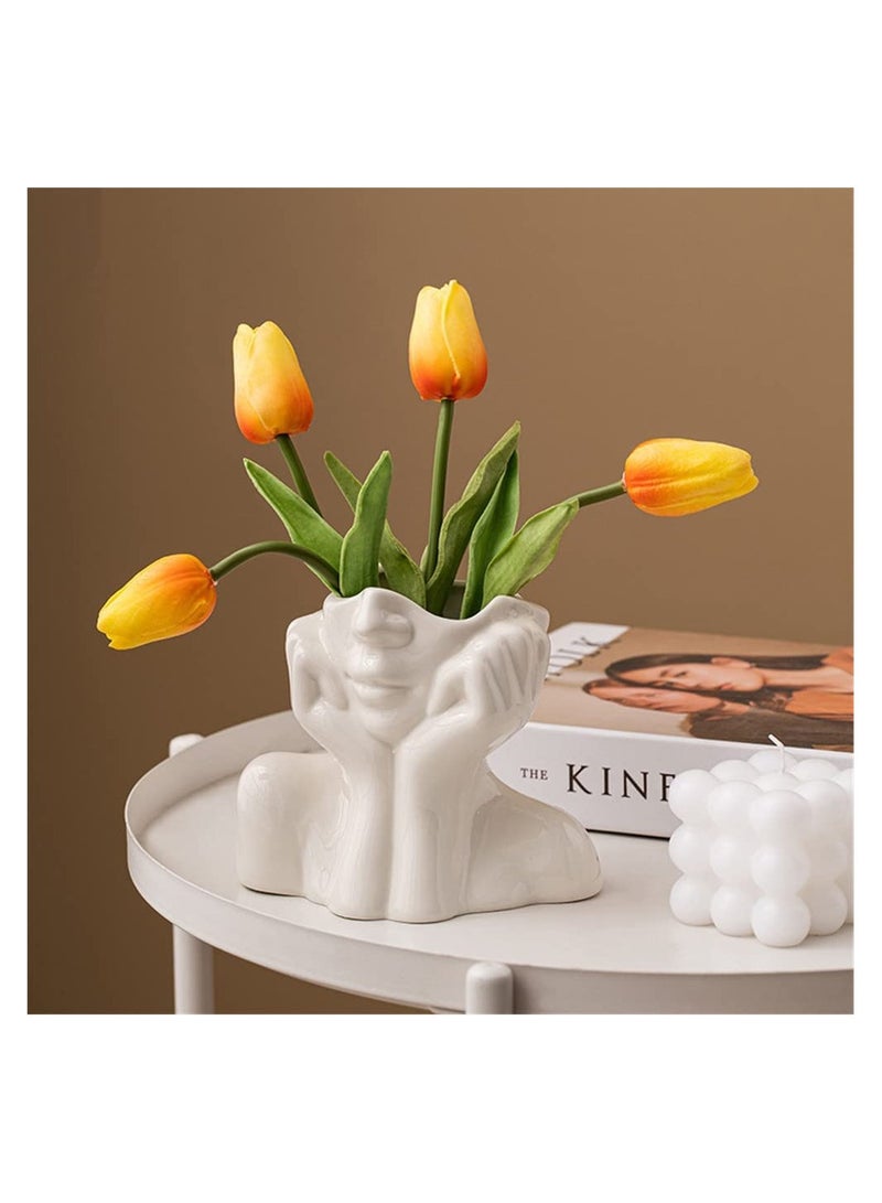 White Ceramic Face Vase, Female Form Head Boho Feminist Minimalism, Decorative Modern Nordic Style Flower Vase for Home Living Room Office Decor (W 5.5