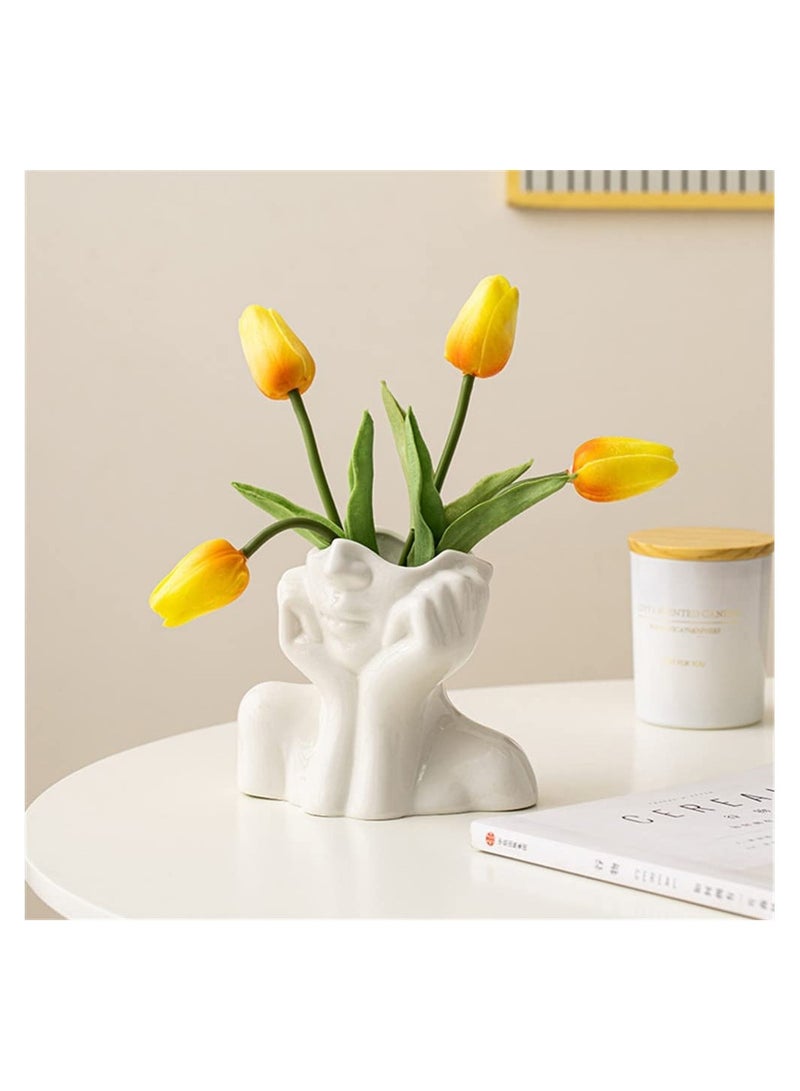 White Ceramic Face Vase, Female Form Head Boho Feminist Minimalism, Decorative Modern Nordic Style Flower Vase for Home Living Room Office Decor (W 5.5