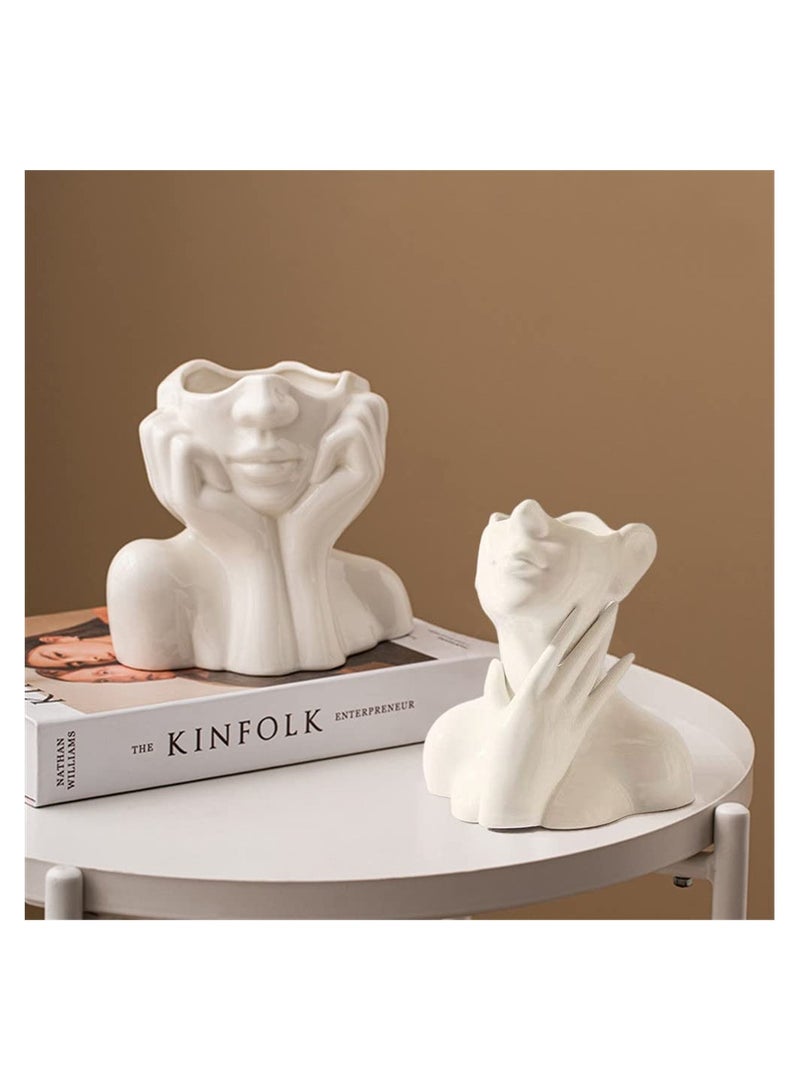 White Ceramic Face Vase, Female Form Head Boho Feminist Minimalism, Decorative Modern Nordic Style Flower Vase for Home Living Room Office Decor (W 5.5