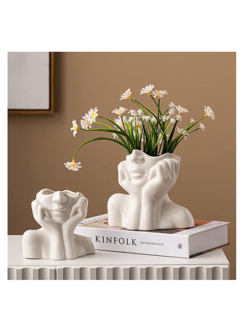 White Ceramic Face Vase, Female Form Head Boho Feminist Minimalism, Decorative Modern Nordic Style Flower Vase for Home Living Room Office Decor (W 5.5