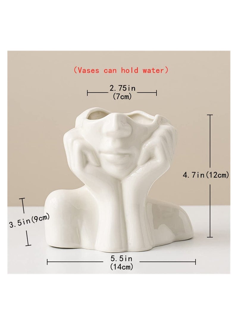 White Ceramic Face Vase, Female Form Head Boho Feminist Minimalism, Decorative Modern Nordic Style Flower Vase for Home Living Room Office Decor (W 5.5