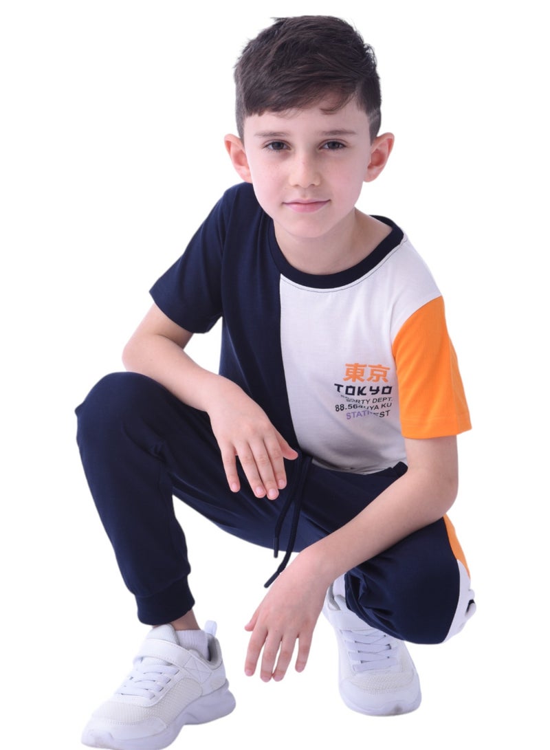 Boys' Summer Outfit Set: 2-Piece T-Shirts & Joggers - Navy,White & Orange (2-8 Years)