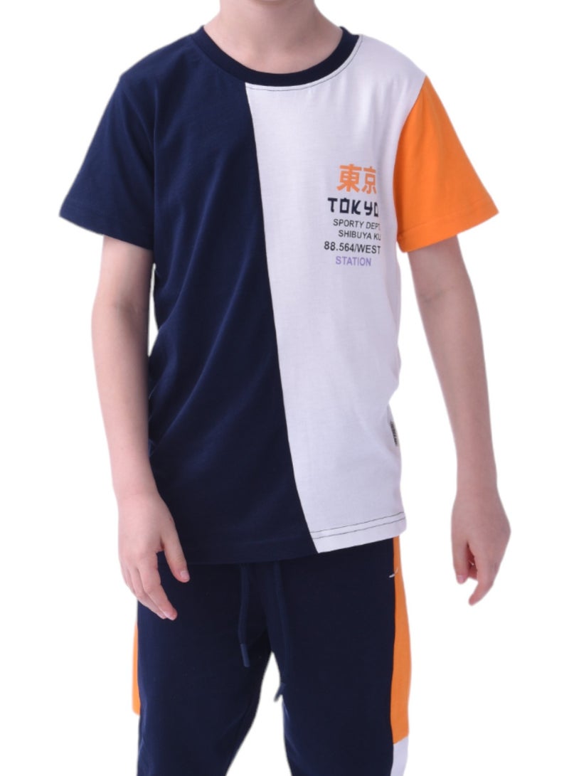 Boys' Summer Outfit Set: 2-Piece T-Shirts & Joggers - Navy,White & Orange (2-8 Years)