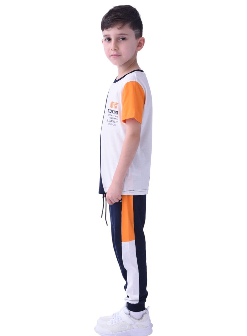 Boys' Summer Outfit Set: 2-Piece T-Shirts & Joggers - Navy,White & Orange (2-8 Years)