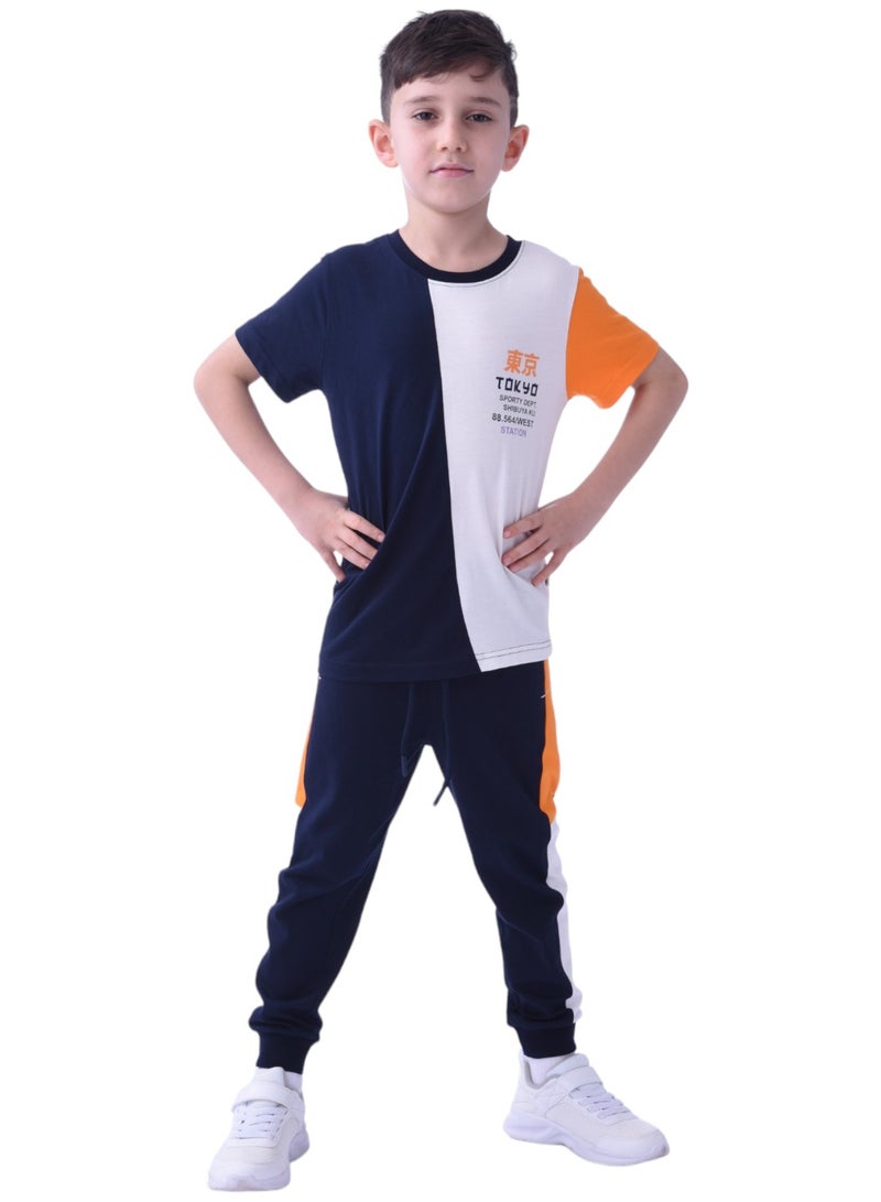 Boys' Summer Outfit Set: 2-Piece T-Shirts & Joggers - Navy,White & Orange (2-8 Years)