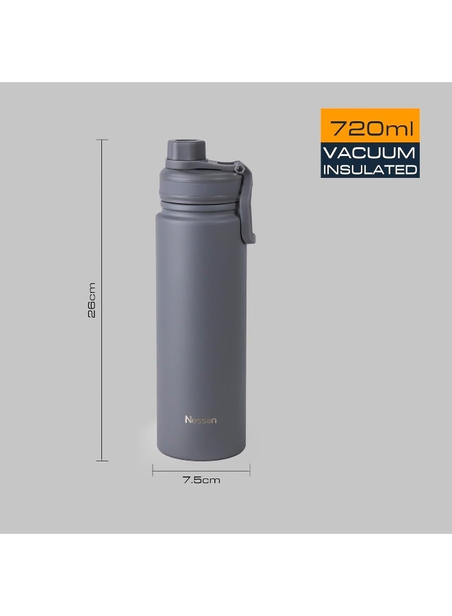 723Ml Travel Flask – Double Wall Insulated Stainless Steel Vacuum Bottle For Hot And Cold Beverages - Grey