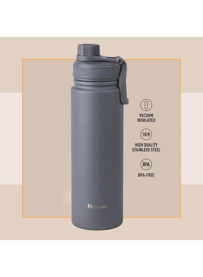 723Ml Travel Flask – Double Wall Insulated Stainless Steel Vacuum Bottle For Hot And Cold Beverages - Grey