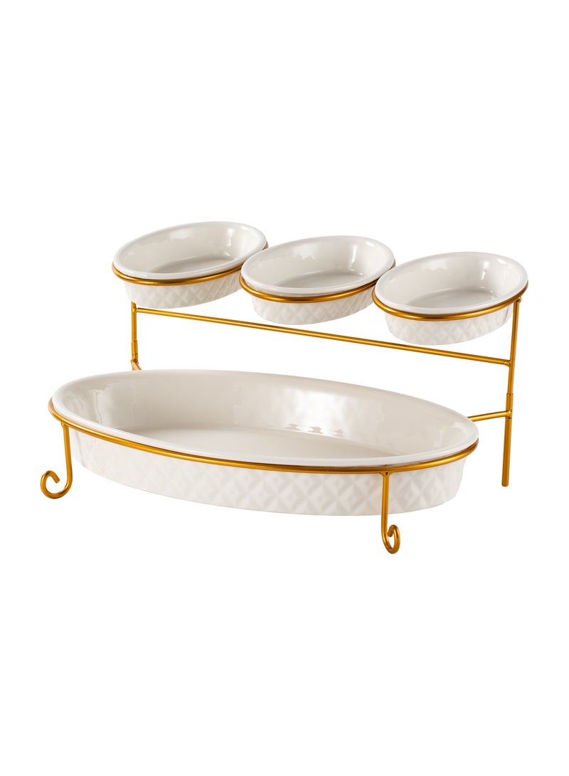 Shallow Porcelain 2-Tier Oval Serving Set - Gold Stand Rack - 3x 20cm and 1x 40cm