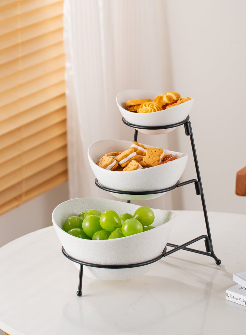 Shallow Porcelain 3-Tier Serving Bowl Set with Black Stand Rack - 13cm, 15cm, 19cm