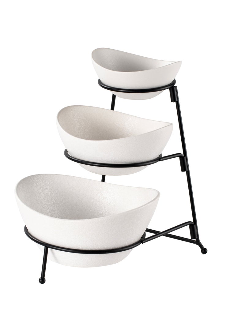 Shallow Porcelain 3-Tier Serving Bowl Set with Black Stand Rack - 13cm, 15cm, 19cm