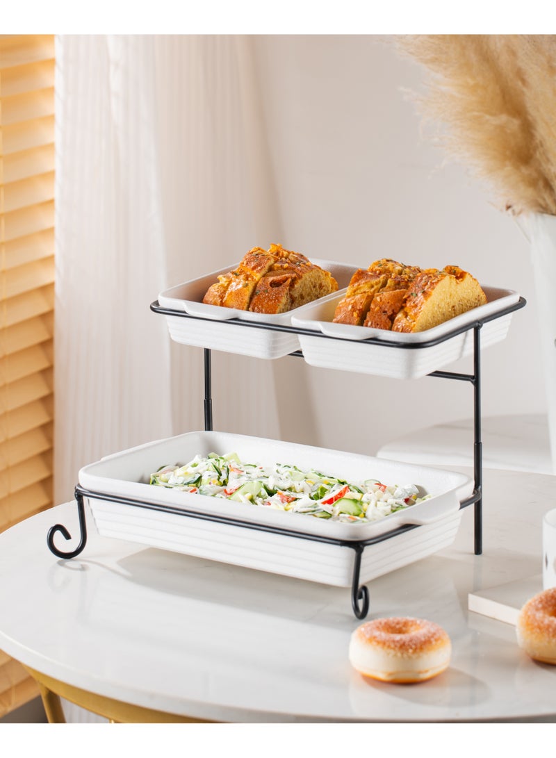 Shallow Porcelain 2-Tier Rectangular Serving Set with Black Stand Rack - 2x 20cm and 30cm