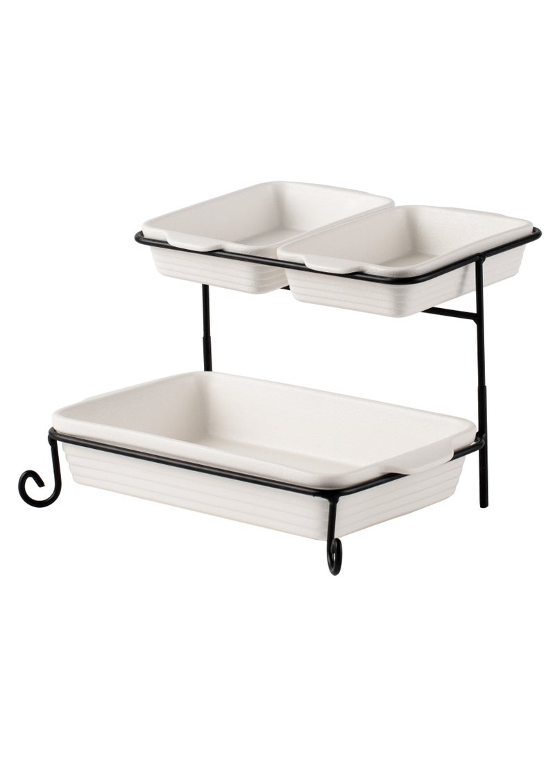 Shallow Porcelain 2-Tier Rectangular Serving Set with Black Stand Rack - 2x 20cm and 30cm