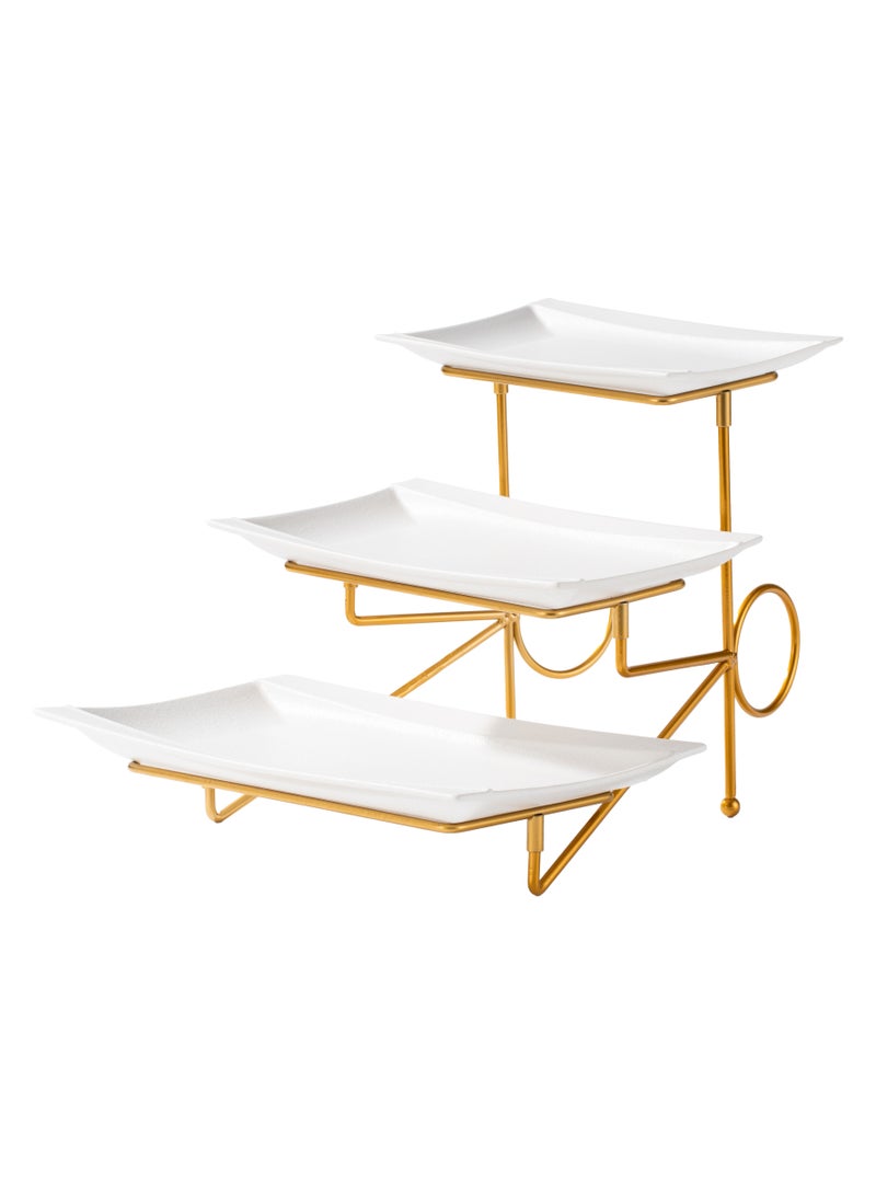 Shallow Porcelain 3-Tier Plate with Gold Stand Rack - 23cm + 28cm + 33cm