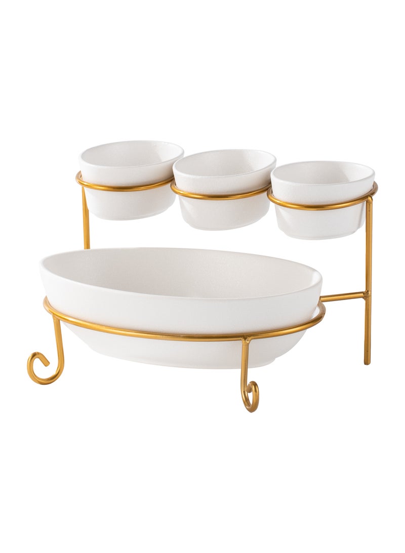 Shallow Porcelain 2-Tier Oval Serving Set with Gold Stand Rack - 3x 10cm and 1x 24cm