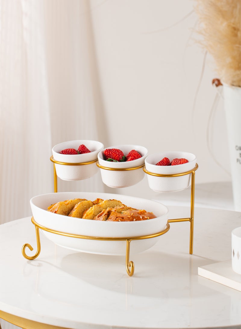 Shallow Porcelain 2-Tier Oval Serving Set with Gold Stand Rack - 3x 10cm and 1x 24cm