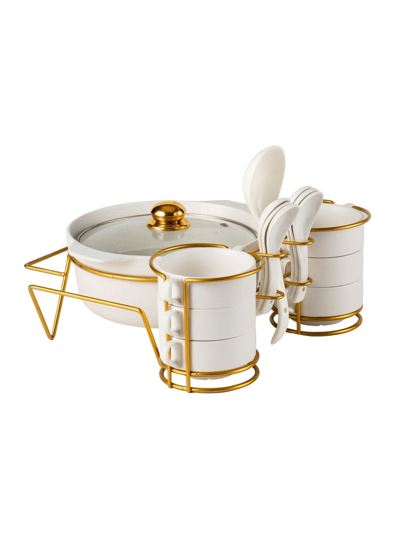 Shallow Porcelain 16-Piece Soup Set with Matt Fleck Gold Stand Rack