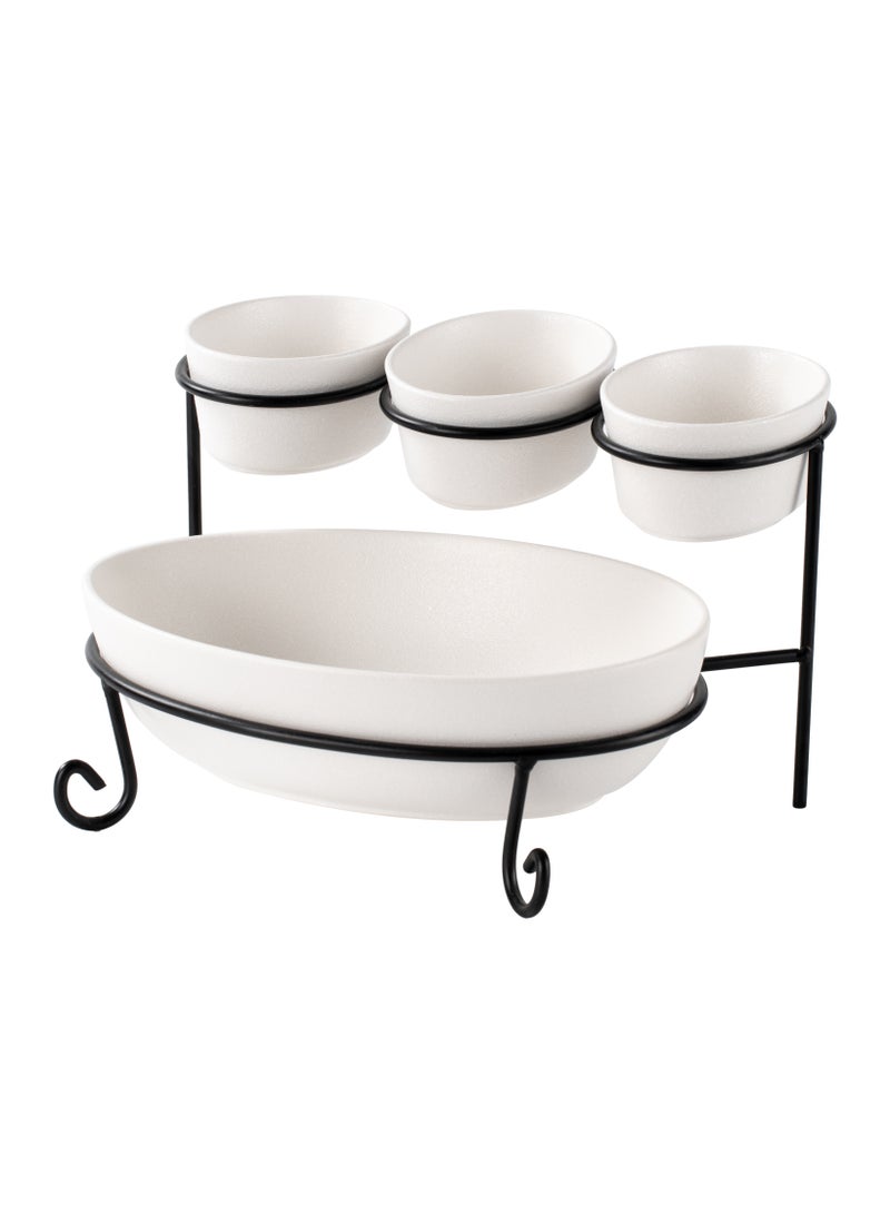 Shallow Porcelain 2-Tier Oval Serving Set with Black Stand Rack - 3x 10cm and 1x 24cm