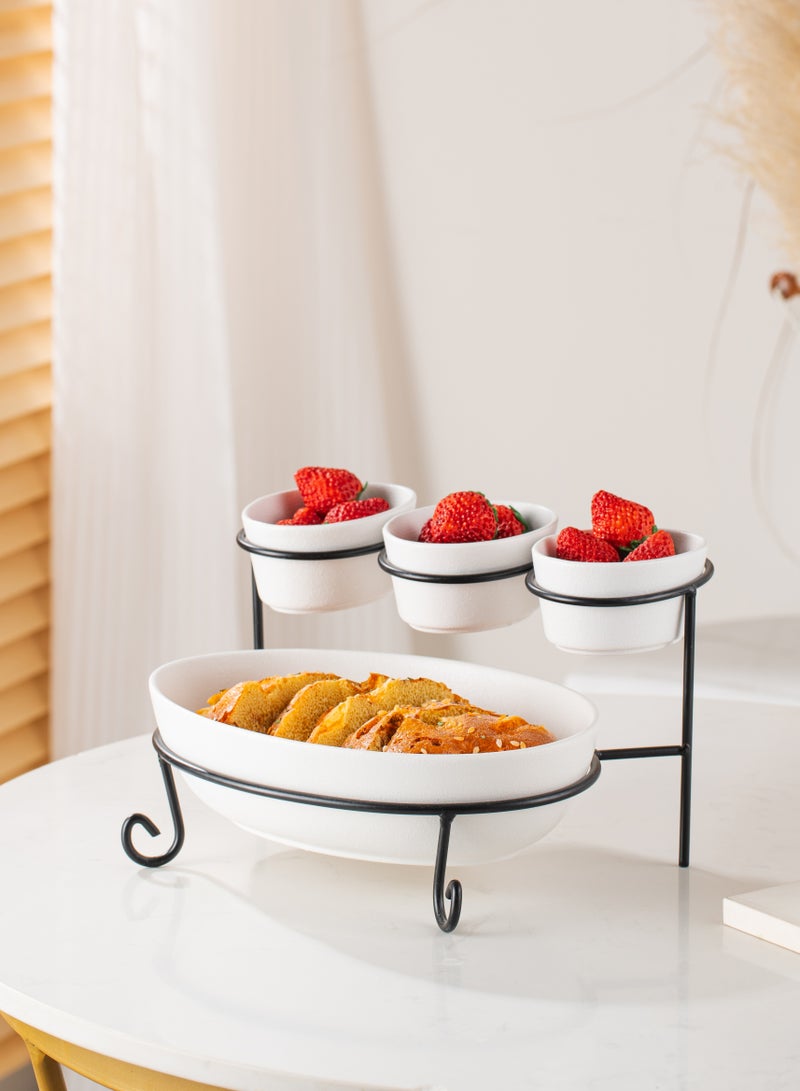 Shallow Porcelain 2-Tier Oval Serving Set with Black Stand Rack - 3x 10cm and 1x 24cm