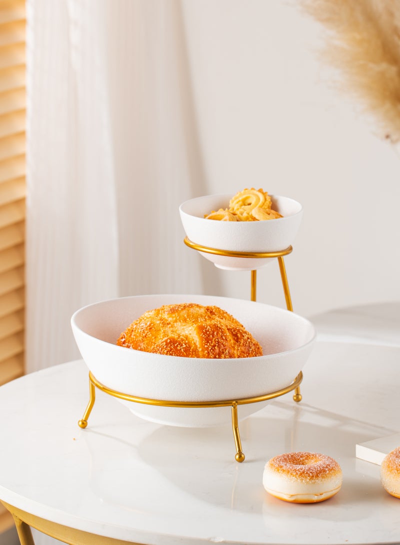 Shallow Porcelain Chip & Dip Bowl Set with Gold Stand Rack - 12cm and 24cm