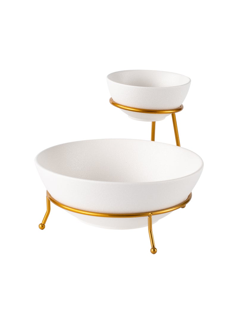 Shallow Porcelain Chip & Dip Bowl Set with Gold Stand Rack - 12cm and 24cm