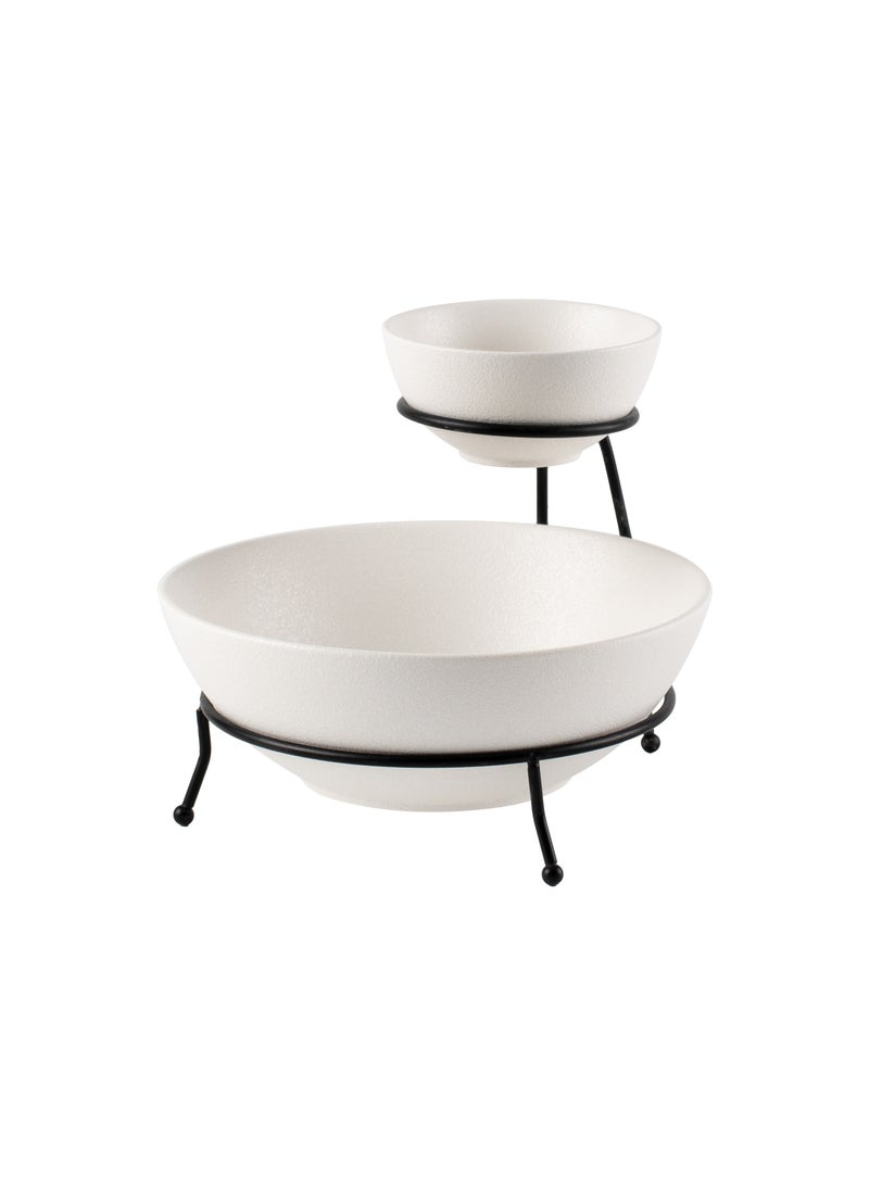 Shallow Porcelain Chip & Dip Bowl Set with Black Stand Rack - 12cm and 24cm