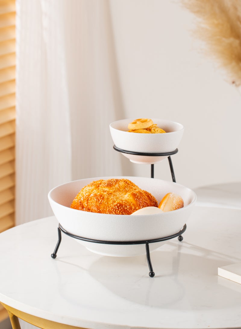 Shallow Porcelain Chip & Dip Bowl Set with Black Stand Rack - 12cm and 24cm