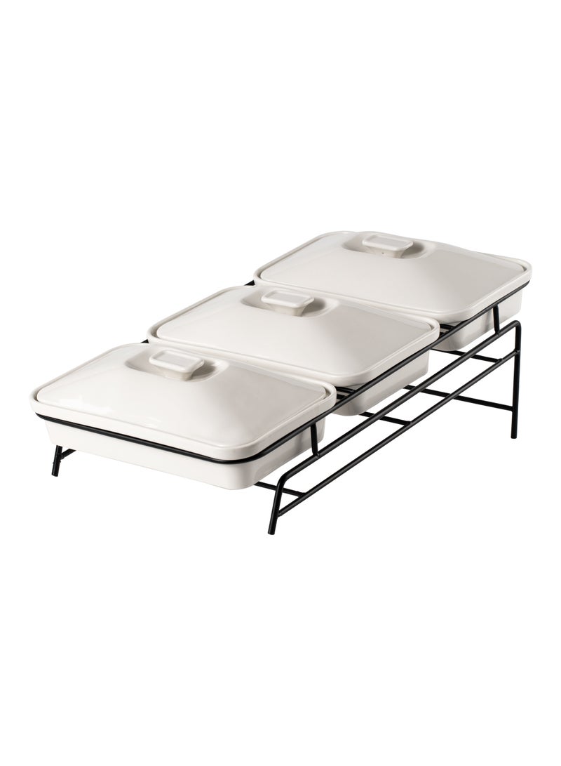 Shallow Porcelain 3-Tier Casserole Set with Black Stand Rack - 30cm x 3