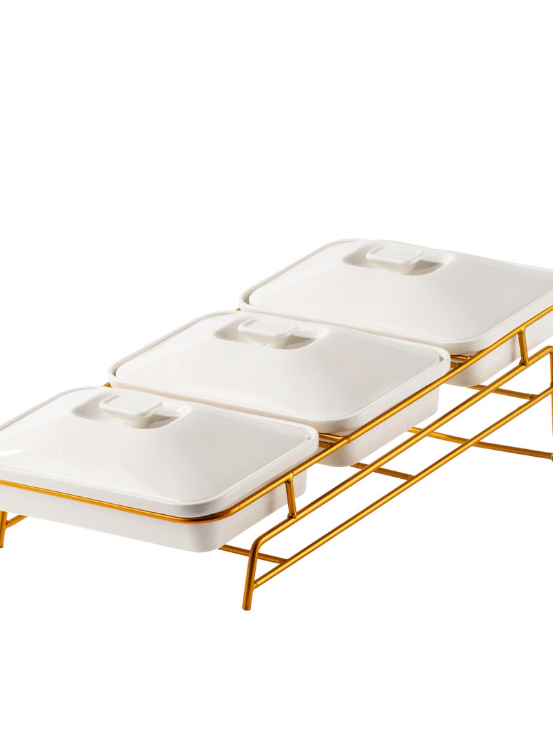 Shallow Porcelain 3-Tier Casserole Set with Gold Stand Rack - 30cm x 3