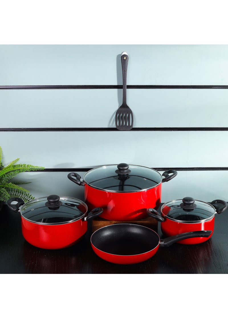 Delcasa 8 Piece Non Stick Cookware Set DC2912 30x13.5 cm casserole with lid, a 24x11 cm casserole with lid, a 20x9 cm casserole with lid, a 24x5 cm frypan, and a nylon turner