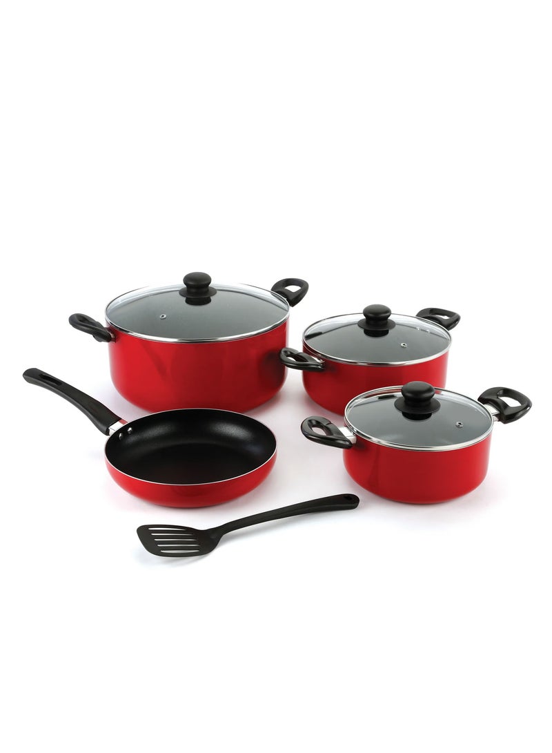 Delcasa 8 Piece Non Stick Cookware Set DC2912 30x13.5 cm casserole with lid, a 24x11 cm casserole with lid, a 20x9 cm casserole with lid, a 24x5 cm frypan, and a nylon turner