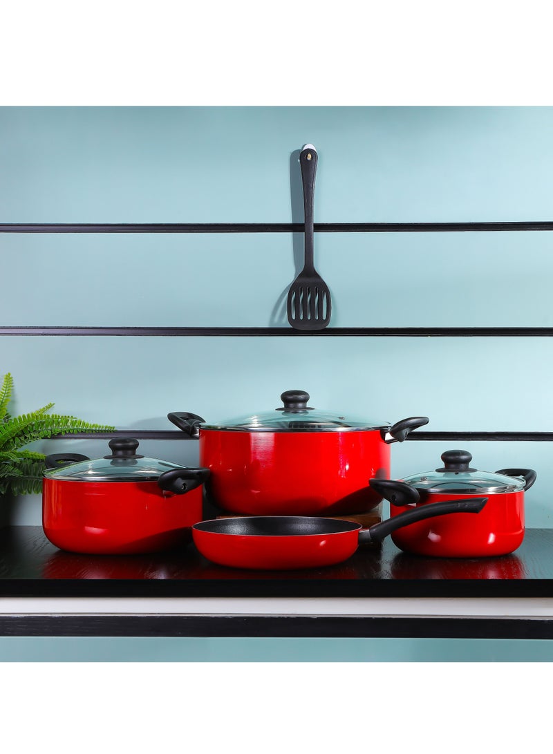 Delcasa 8 Piece Non Stick Cookware Set DC2912 30x13.5 cm casserole with lid, a 24x11 cm casserole with lid, a 20x9 cm casserole with lid, a 24x5 cm frypan, and a nylon turner