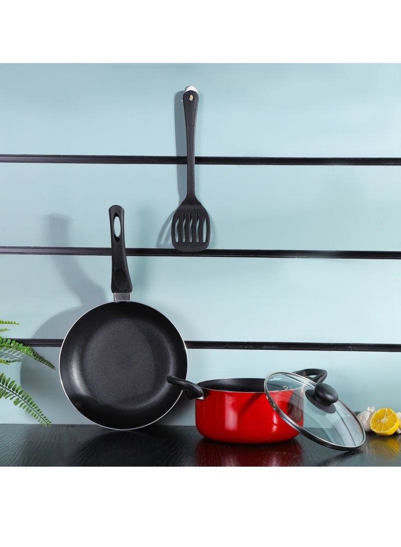 Delcasa 8 Piece Non Stick Cookware Set DC2912 30x13.5 cm casserole with lid, a 24x11 cm casserole with lid, a 20x9 cm casserole with lid, a 24x5 cm frypan, and a nylon turner