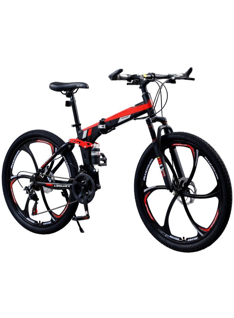 26 Inch Folding Mountain Bike, 24 Speed Full Suspension Bicycle with High-Carbon Steel, Dual Disc Brake Non-Slip Quick Release tire Folding MTB for Adults/Men/Women